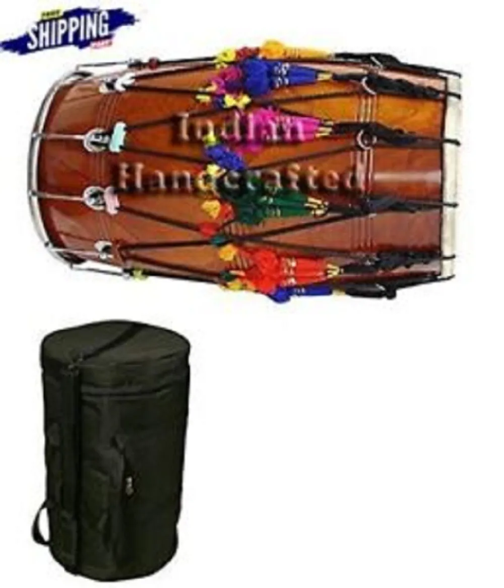 Mango Wood Natural Finish Musical Instrument Punjabi Bhangra Dhol Drum With Bag